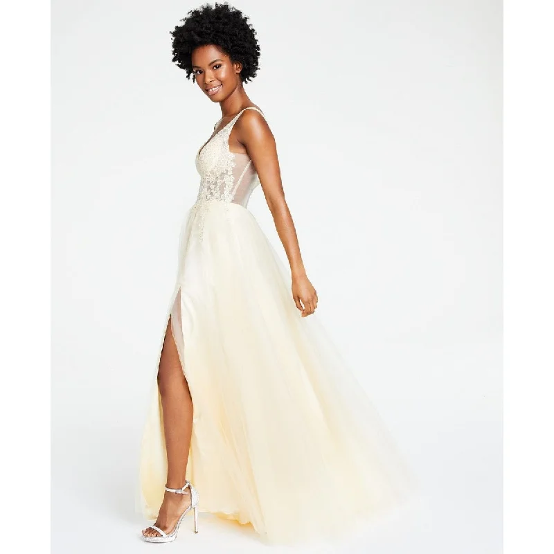 Evening dress with satin detailing-Blondie Nites Junior's Embellished Illusion Gown Yellow Size 0