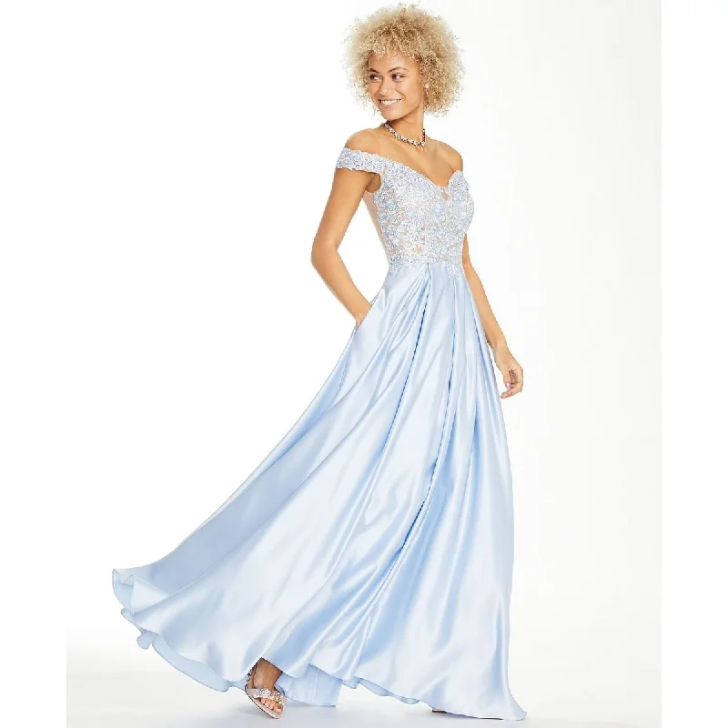 Evening dress with luxurious fit-Blondie Nites Junior's Off The Shoulder Embroidered Satin Gown Blue Size 0