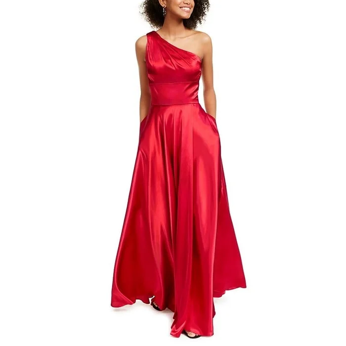 Evening dress for unforgettable wedding-Blondie Nites Junior's One Shoulder Strappy Satin Gown Red Size 1