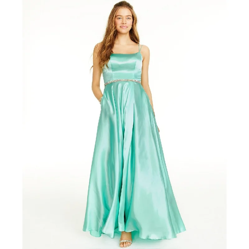 Evening dress for destination event-Blondie Nites Juniors' Rhinestone-Trim A-Line Gown Medium Green Size 9