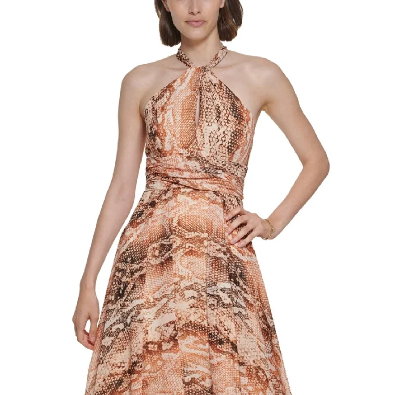 Evening dress with intricate accents-Calvin Klein Women's Snake Print Halter Gown Brown Size 10