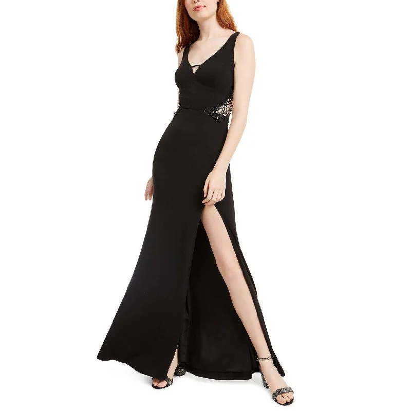 Evening dress for chic birthday-City Studios Juniors' Embellished-Applique Slit Gown Black Size 15