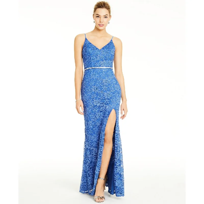 Evening dress for evening party-City Studios Juniors' Glitter-Lace Slit Gown Blue Silver Size 1