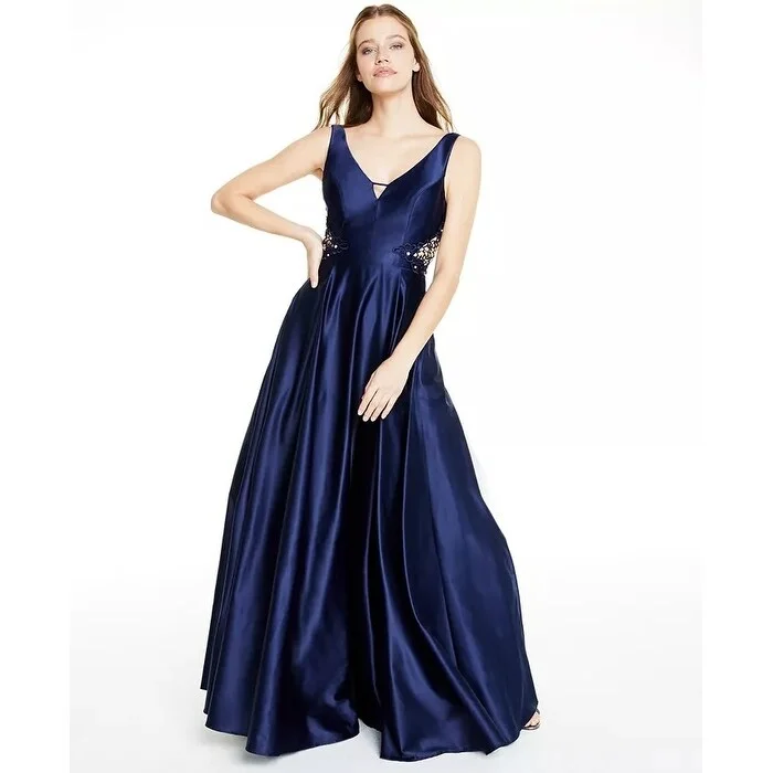 Evening dress with glamorous finish-City Studios Junior's Rhinestone Cutout Gown Navy Size 7