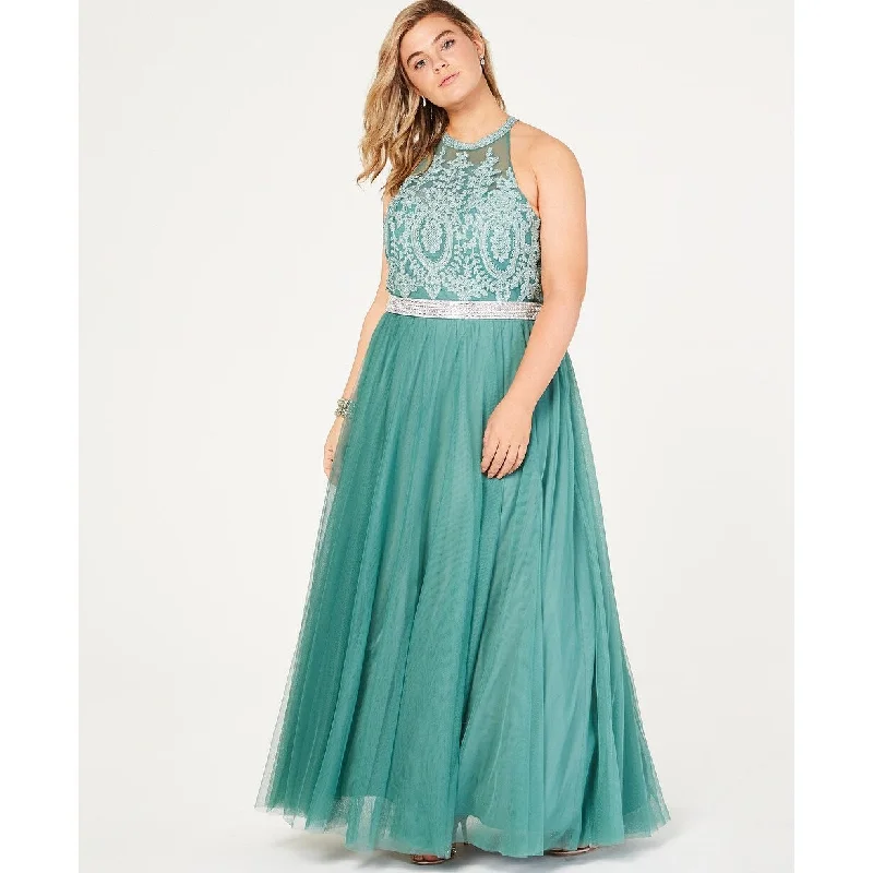 Evening dress with glamorous details-City Studios Women's Trendy Plus Size Rhinestone Tulle Gown Green Size 20W