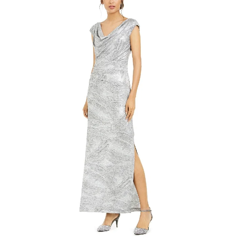 Evening dress for cocktail reception-Connected Women's Cowlneck Metallic Slit Gown Silver Size 12