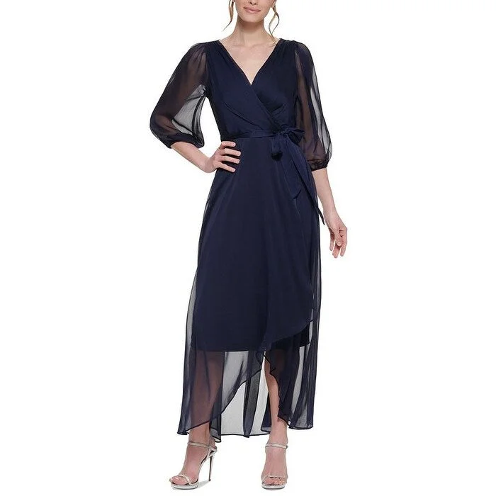 Evening dress for upscale gala-DKNY Women's Balloon Sleeve Faux Wrap Gown Blue Size 10