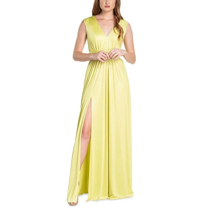 Evening dress with chic cut-Dress The Population Women's Krista Plunge Neck Side Slit Gown Yellow Size Xx-Small