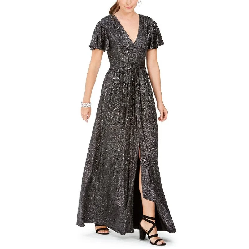 Evening dress for glamorous gala-Eliza J Women's Tie Front Flutter Sleeve Glitter Knit Gown Gray Size 8