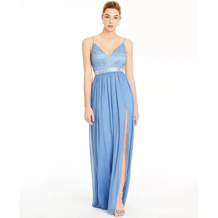 Evening dress for luxurious night event-Emerald Sundae Junior's Lace & Chiffon Gown Blue Size 1