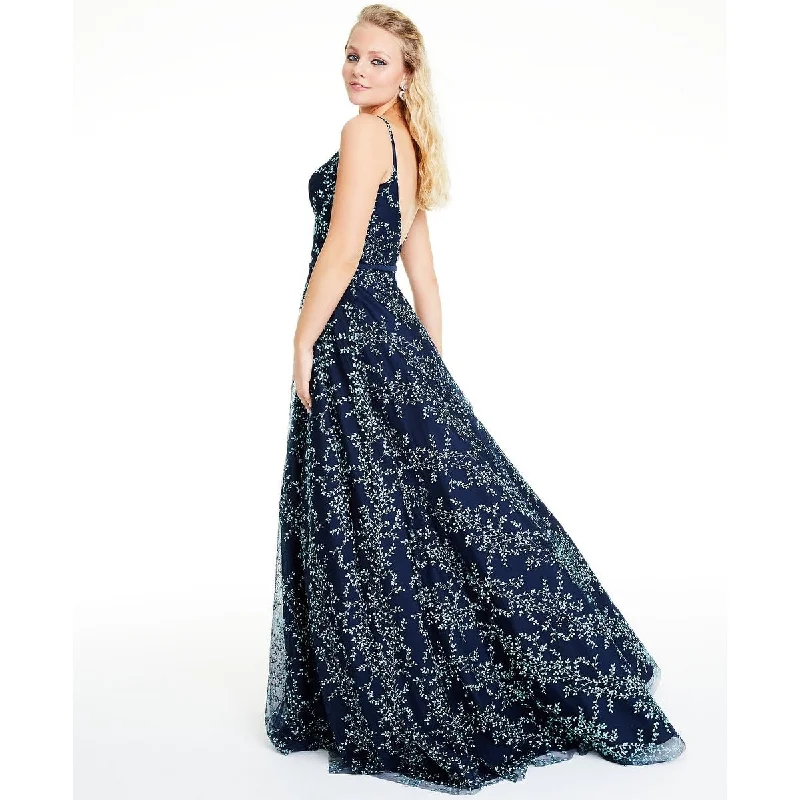 Evening dress for royal event-Glamour By Terani Junior's Floral Glitter Gown Blue Size 8