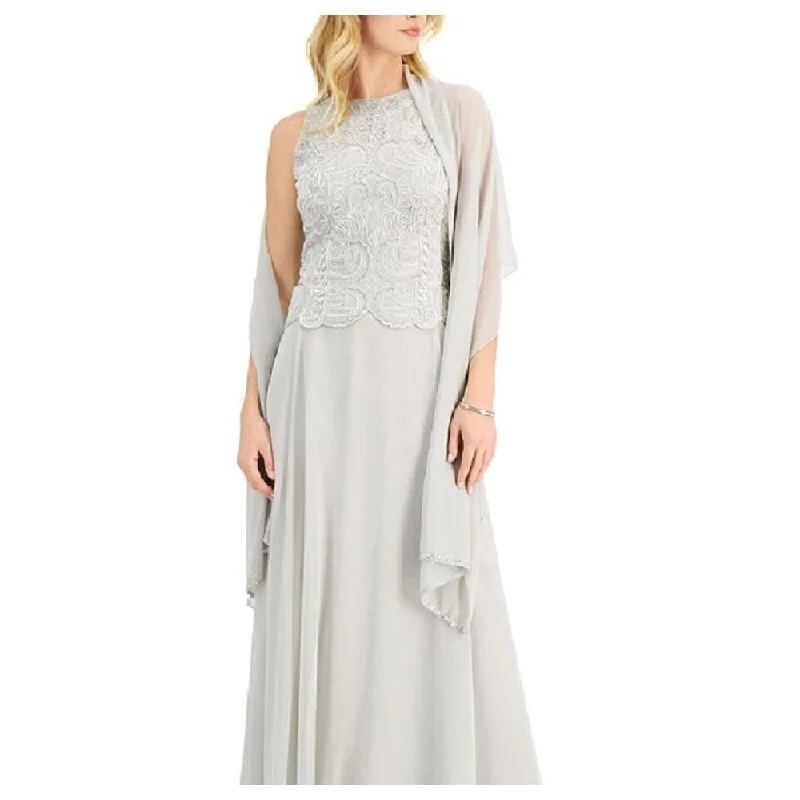 Evening dress for opulent wedding-J Kara Women's Beaded Gown & Chiffon Scarf Silver Size 6