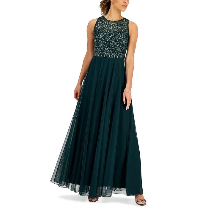 Evening dress for chic gala-J Kara Women's Beaded Illusion Crewneck Gown Green Size 16