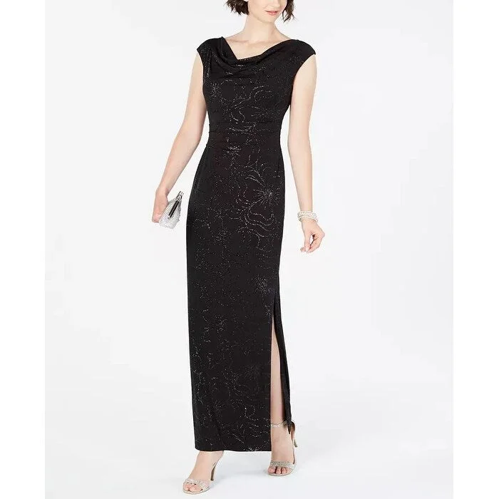 Evening dress with deep back-Jessica Howard Women's Metallic Floral Draped Gown Black Size 16