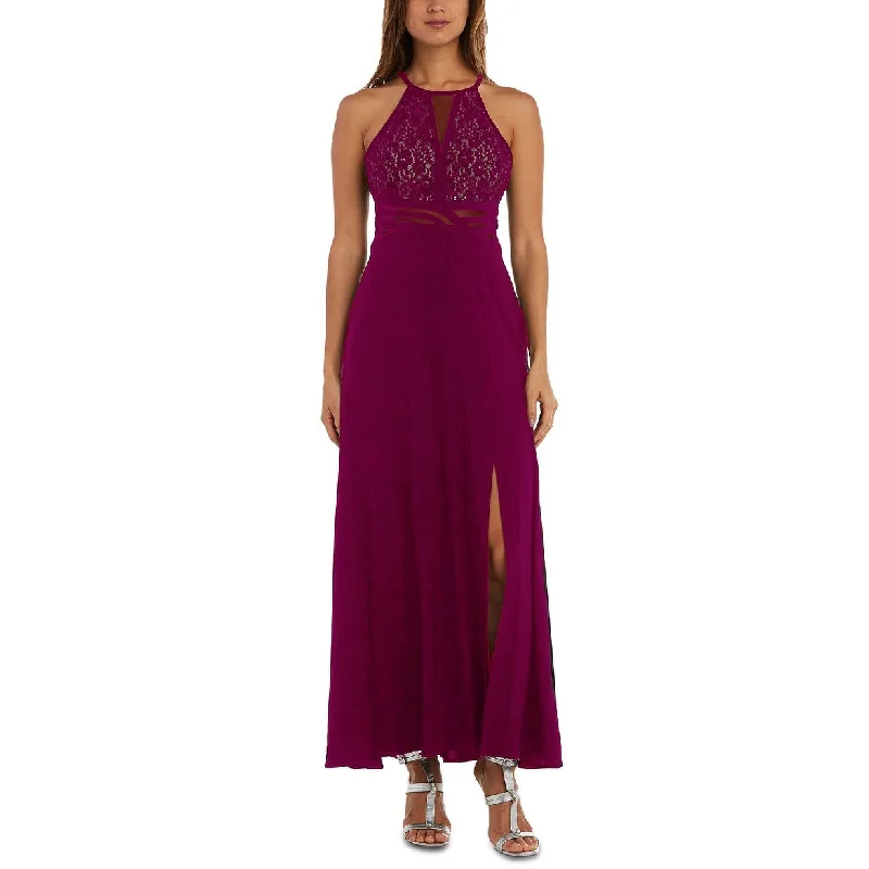 Evening dress with jewel embellishments-Morgan & Company Juniors' Sequined Lace Halter Gown Darkpurple Size 11