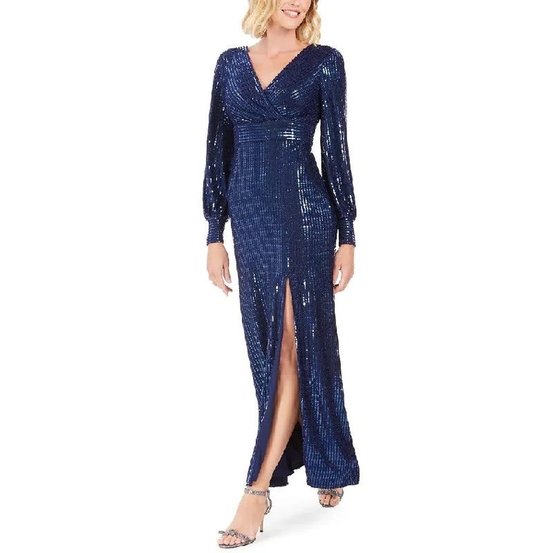 Evening dress with floral embroidery-Nightway Women's Sequin Wrap Gown Navy Size 14