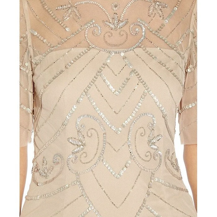 Evening dress with unique accents-Papell Studio Women's Beaded Elbow-Sleeve Gown Beige Size 6