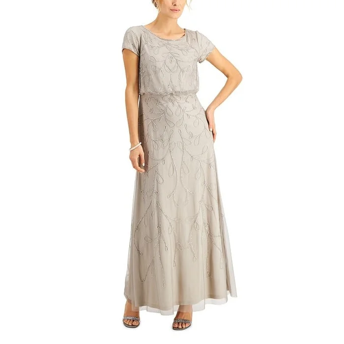 Evening dress for high-class wedding-Papell Studio Women's Embellished Blouson Gown Gray Size 4