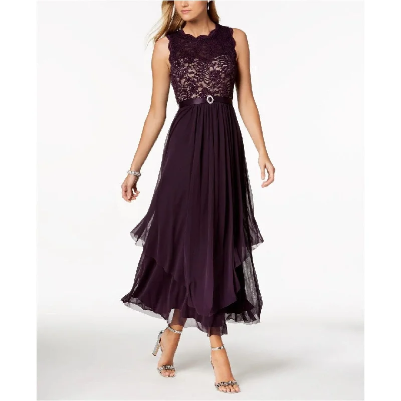 Evening dress with dramatic ruffles-R & M Richards Women's Petite Sequined Lace And Chiffon Gown Purple Size 1