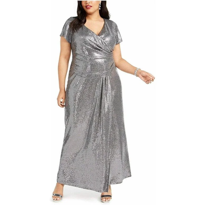 Evening dress with bold ruffles-R & M Richards Women's Plus Draped Sequined Gown Silver Size 16W