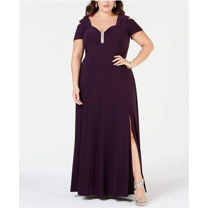 Evening dress with dramatic neckline-R & M Richards Women's Plus Size Rhinestone-Detail Gown Med Purple Size 16