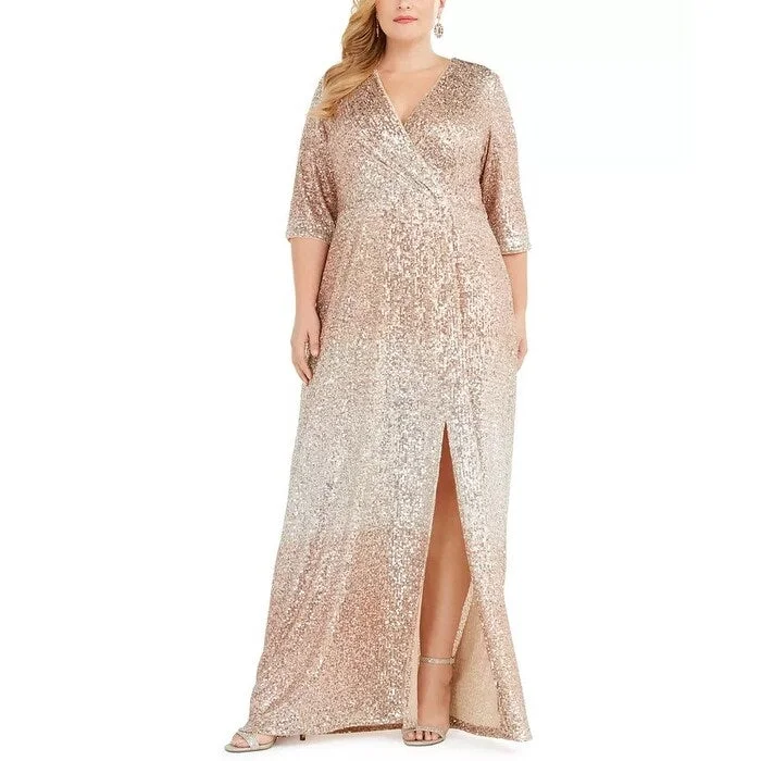 Evening dress for extravagant gathering-R & M Richards Women's Plus Size Sequined Surplice Gown Lt Beige Size 14W