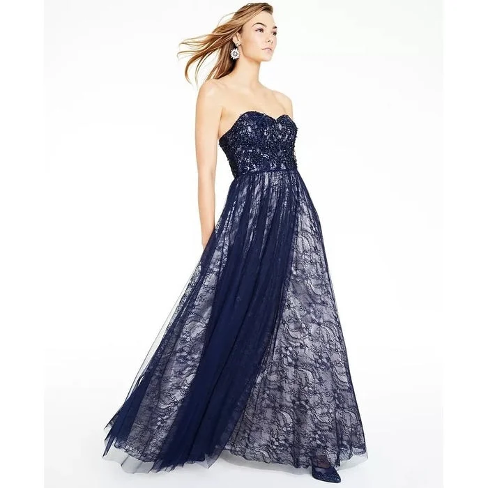 Glamorous evening dress for high-profile event-Say Yes To The Prom Juniors' Sequin-Trim Strapless Lace Gown Navy Size 0