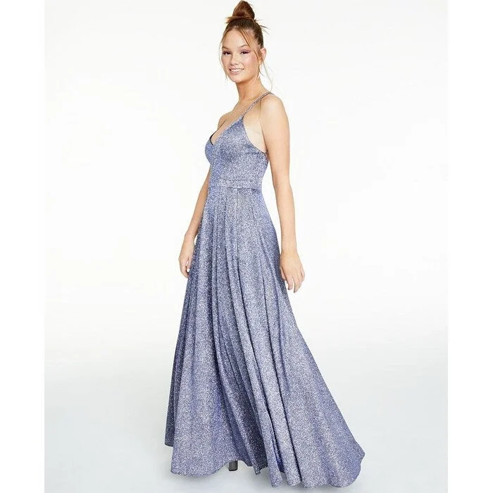 Evening dress for luxurious wedding-Sequin Hearts Junior's Strappy Back Glitter Gown Blue Size 1