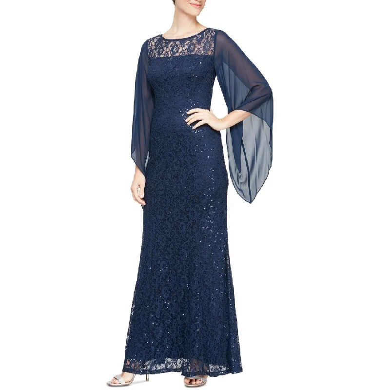 Evening dress for chic soirée-SL Fashions Women's Embellished Illusion Lace Gown Blue Size 10