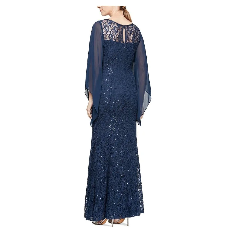 Evening dress for high-society wedding-Sl Fashions Women's Embellished Illusion Lace Gown Blue Size 4