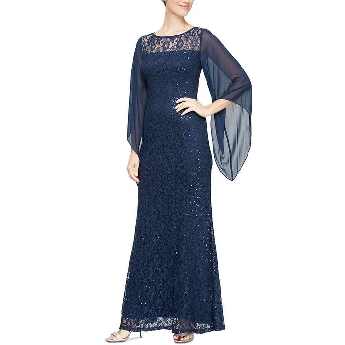 Evening dress for chic cocktail-SL Fashions Women's Embellished Illusion Lace Gown Blue Size 6