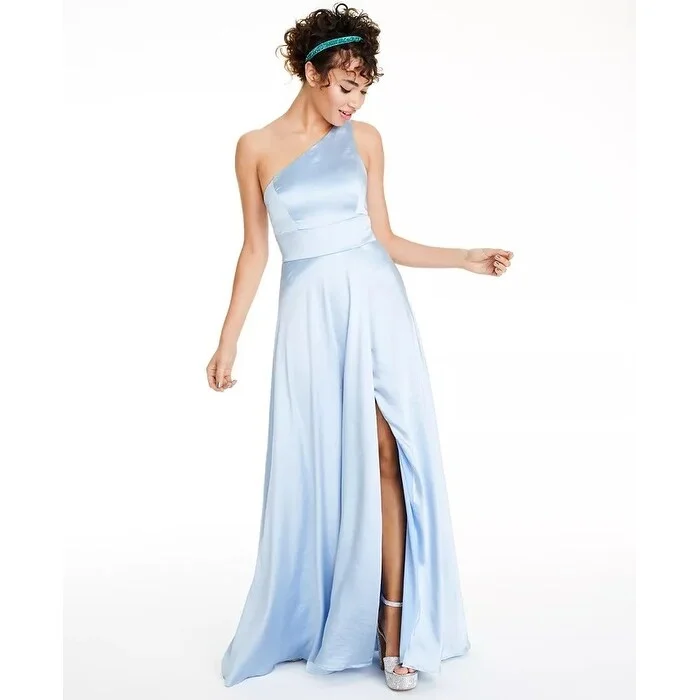 Vintage-inspired evening dress-Speechless Juniors' One-Shoulder Satin Gown Med Blue Size 0