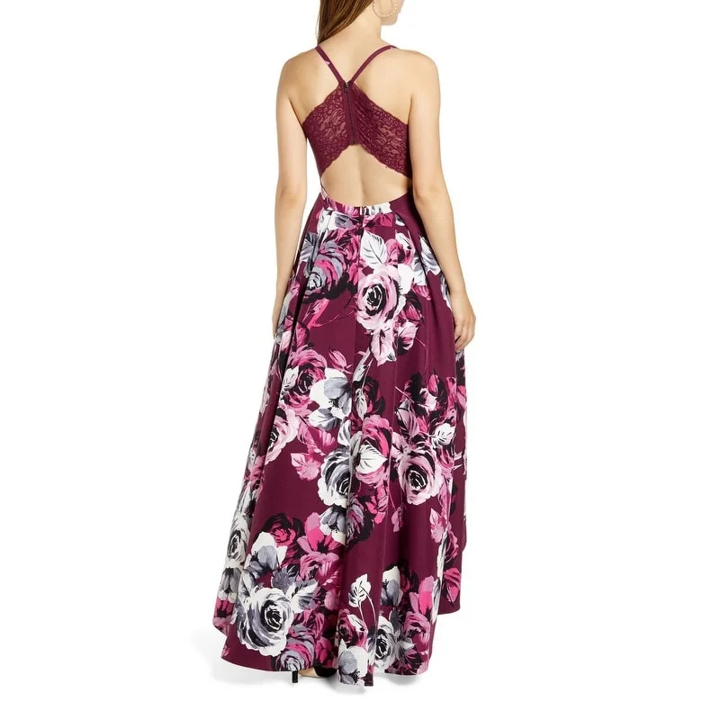 Evening dress with floor-length cut-Speechless Junior's Printed Lace Racerback High Low Gown Purple Size 1