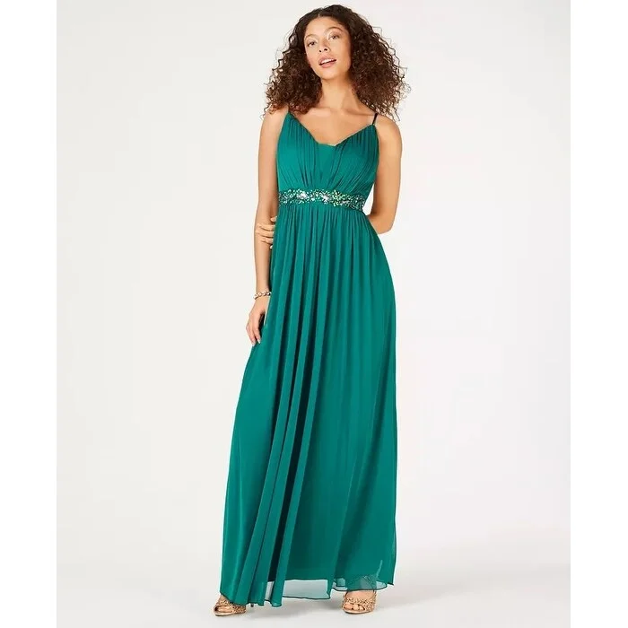 Evening dress for elegant evening event-Teeze Me Juniors' Beaded Grecian Gown Dark Green Size 7