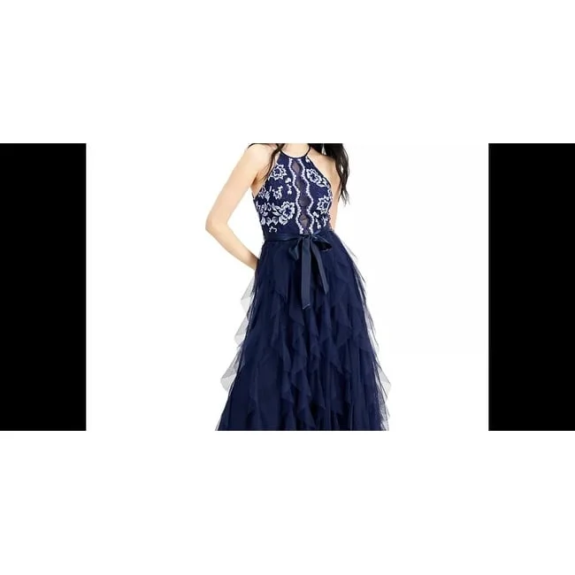 Evening dress for unforgettable wedding-Teeze Me Juniors' Embroidered-Top Layered-Skirt Gown Navy Size 1