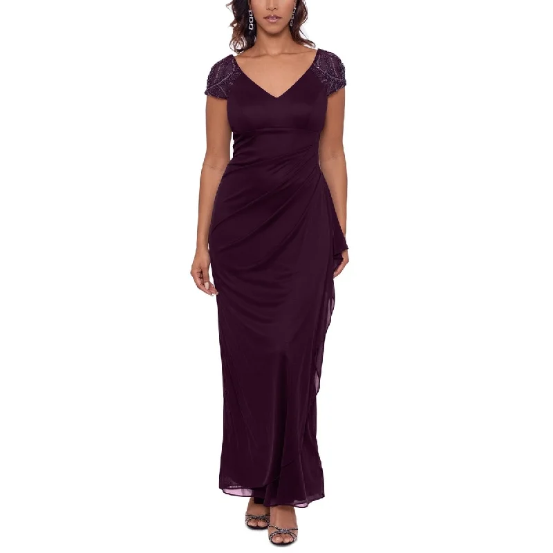 Evening dress with crystal embellishments-Xscape Women's Embellished Sleeve Gown Purple Size 6