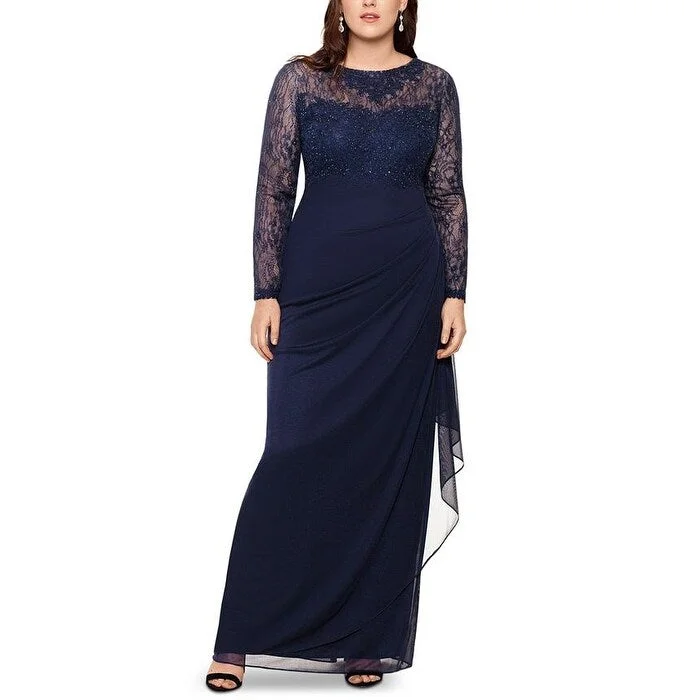 Elegant evening dress with lace-Xscape Women's Embroidered & Beaded Long Sleeve Gown Blue Size 22W