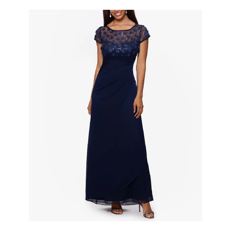 Evening dress with chiffon layers-XSCAPE Women's Flower Embellished Gown Blue Size 4Petite - 4P