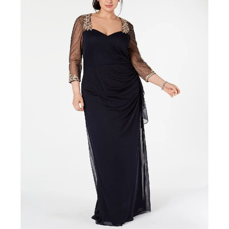 Evening dress with intricate silk fabric-XSCAPE Women's Plus Size Embellished Illusion Sleeve Ruched Gown Dark Blue Size 20W