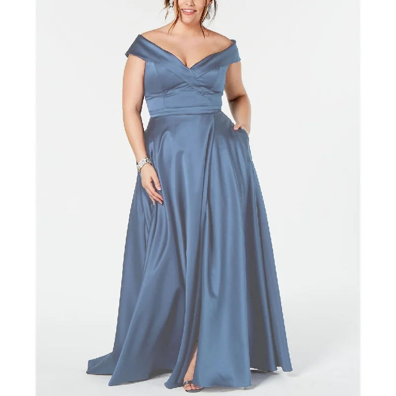 Evening dress with delicate beadwork-Xscape Women's Plus Size Off-The-Shoulder Gown Blue Size 18W