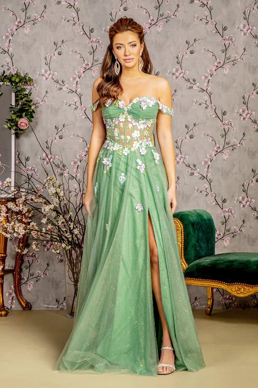 Evening dress for celebrity wedding-3D Floral Off Shoulder A-line Slit Gown by GLS Gloria GL3227