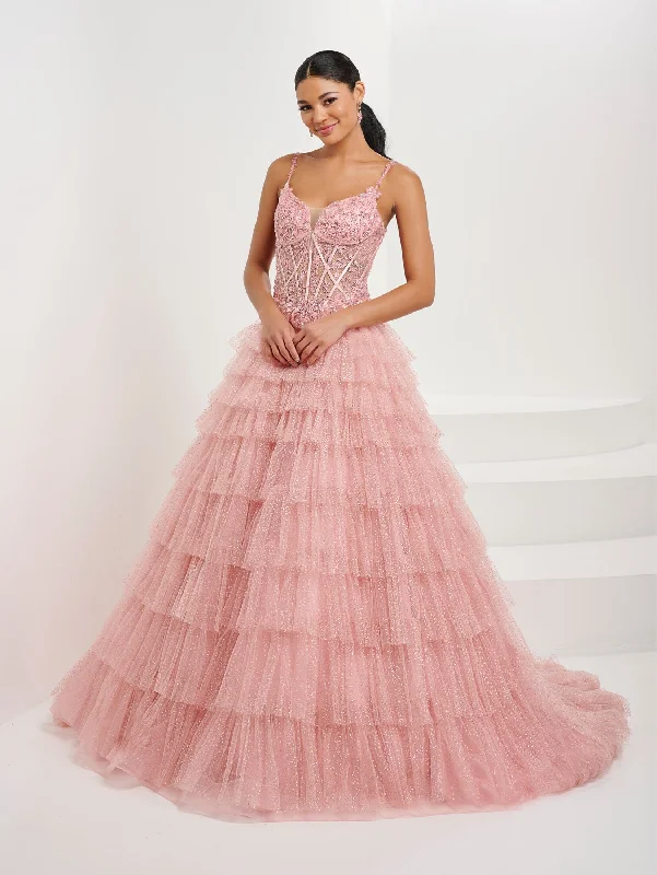 Formal evening dress for dinner party-Applique Corset Ruffled Tulle Gown by Tiffany Designs 16099