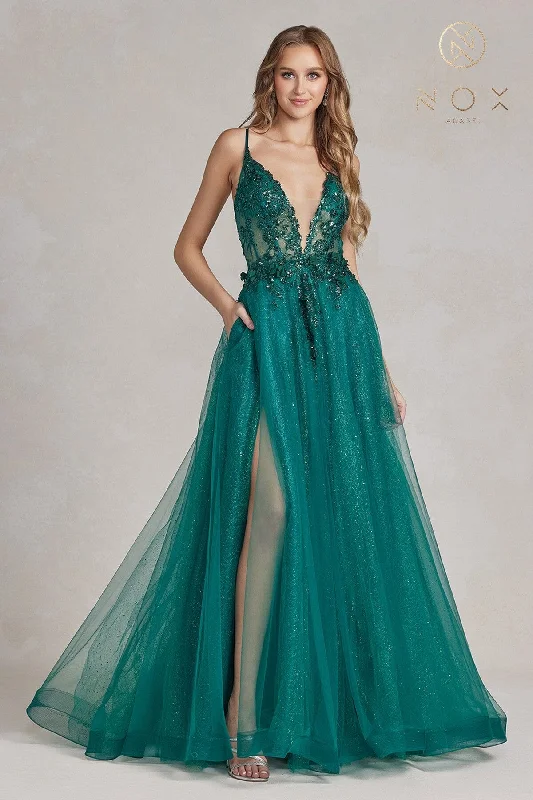 Evening dress for trendy evening gala-Applique Glitter Tulle Slit Gown by Nox Anabel C1113