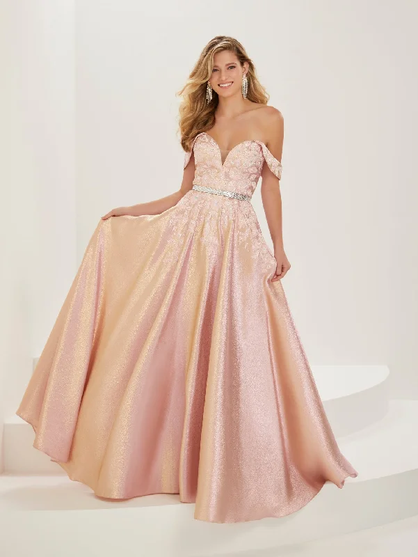 Evening dress with tailored silhouette-Applique Off Shoulder Shimmer Gown by Tiffany Designs 16936