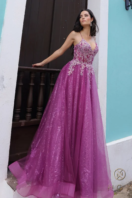 Classic evening dress with satin fabric-Applique Sleeveless A-line Glitter Gown by Nox Anabel C1407