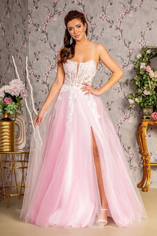 Evening dress with delicate tulle-Applique Sleeveless A-line Slit Gown by GLS Gloria GL3249