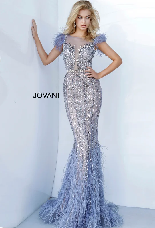 Evening dress for luxurious night event-Beaded Feather Fitted Sleeveless Gown by Jovani 02326