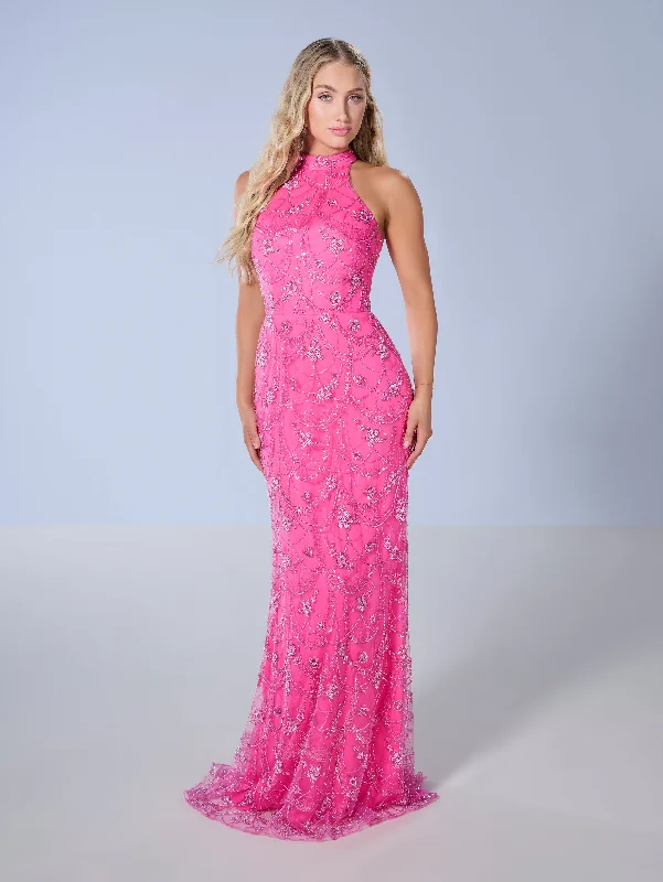 Evening dress with crystal embellishments-Beaded Fitted Halter Gown by Tiffany Designs 16147