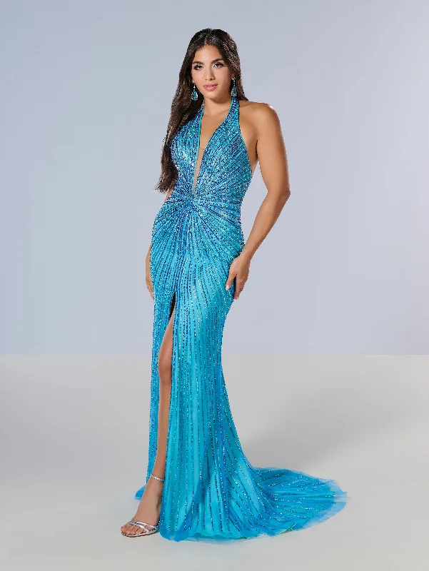 Evening dress with a dramatic train-Beaded Fitted Halter Slit Gown by Tiffany Designs 16205