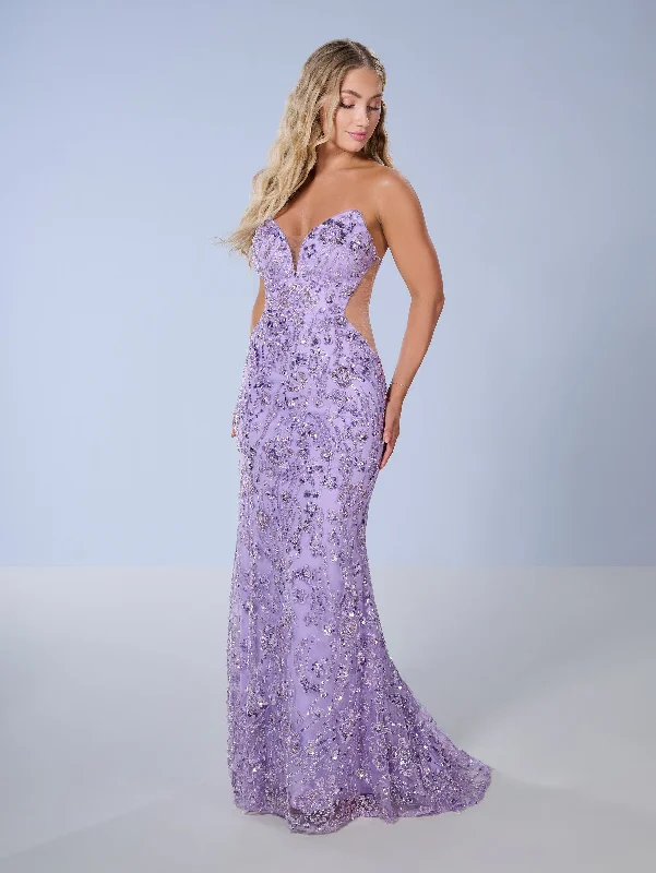 Evening dress with long sleeves-Beaded Fitted Strapless Gown by Tiffany Designs 16150